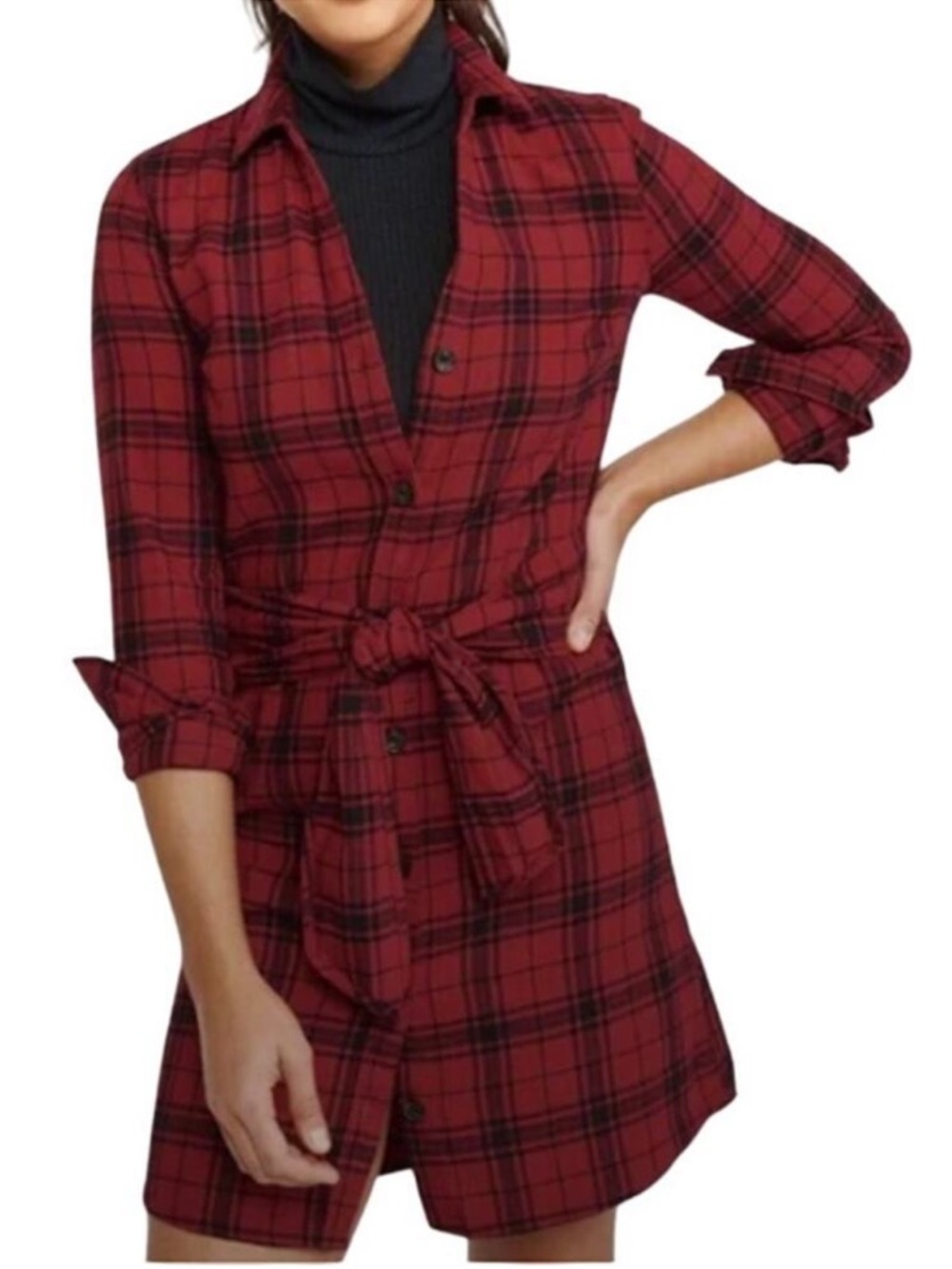 Abercrombie & Fitch Tie Waist Flannel Shirt Dress Red Plaid‎ XS